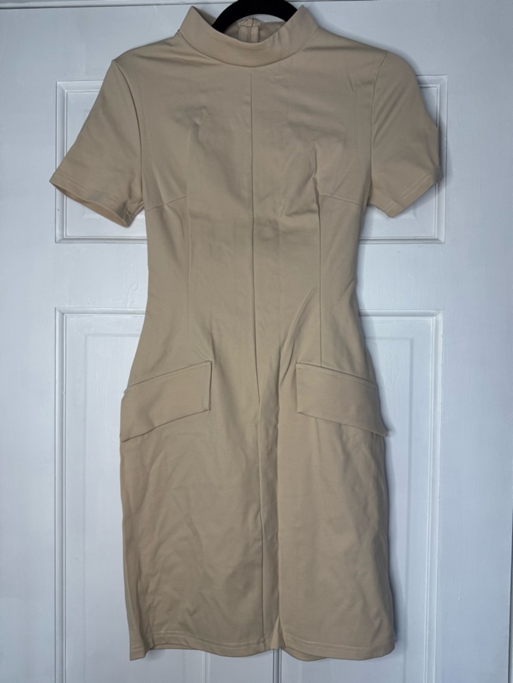 Beige Short Sleeve Mock Neck Dress